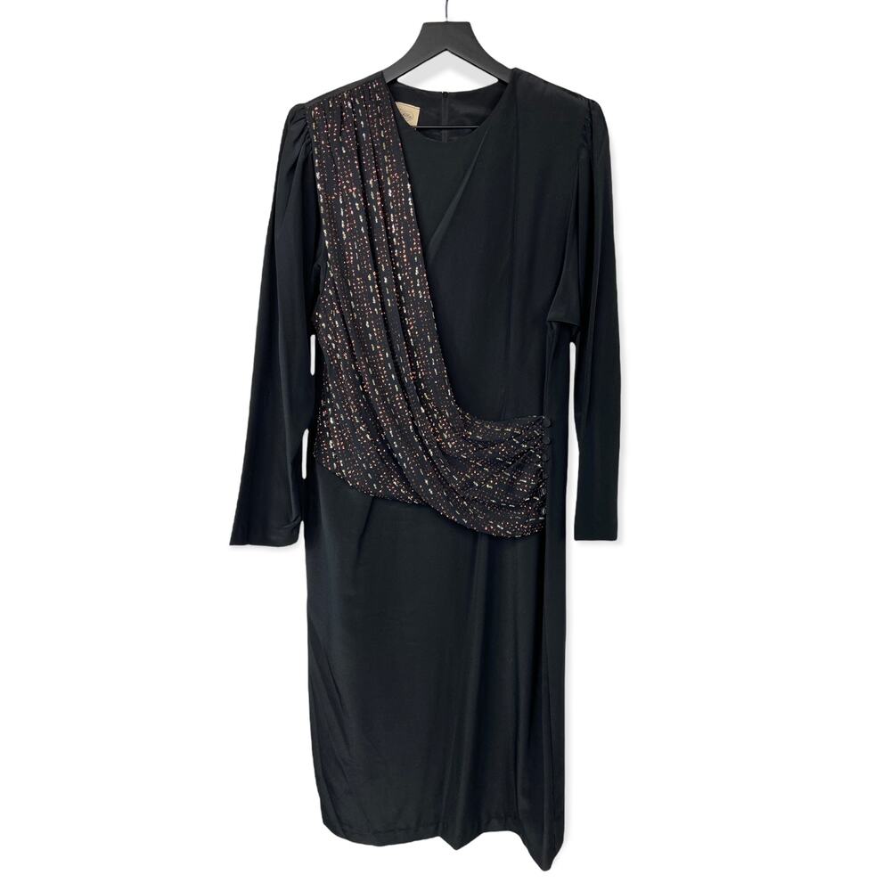 Vintage 80s Black Party Dress Sparkly Sash Long Sleeves Womens 13‎ 14 Medium